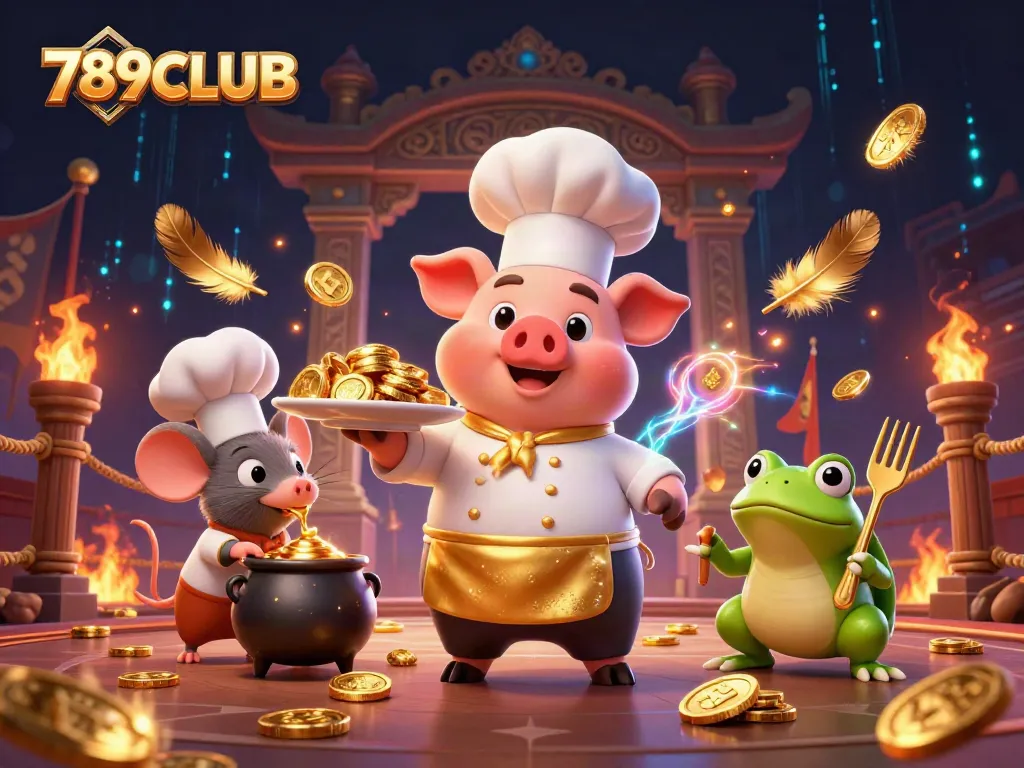 Engage in thrilling gameplay with 789CLUB as a chef pig serves coins in a vibrant casino scene.