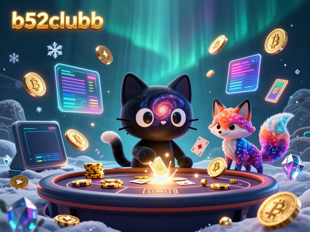 Engage in gaming at b52clubb with a 3D cosmic casino featuring unique characters and vibrant crypto elements.