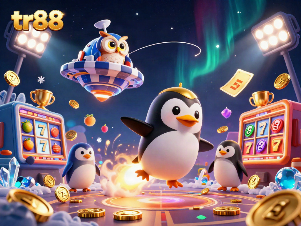 tr88 rocket-powered penguin exploring a vibrant casino space, filled with gold coins and slot elements