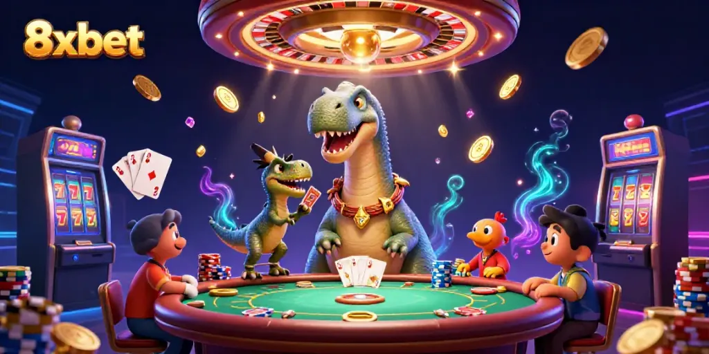 Experience 8xbet excitement with a whimsical casino scene featuring a brontosaurus and raptor.