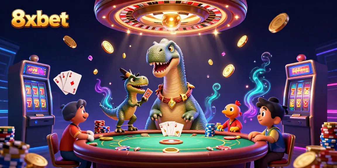Experience 8xbet excitement with a whimsical casino scene featuring a brontosaurus and raptor.