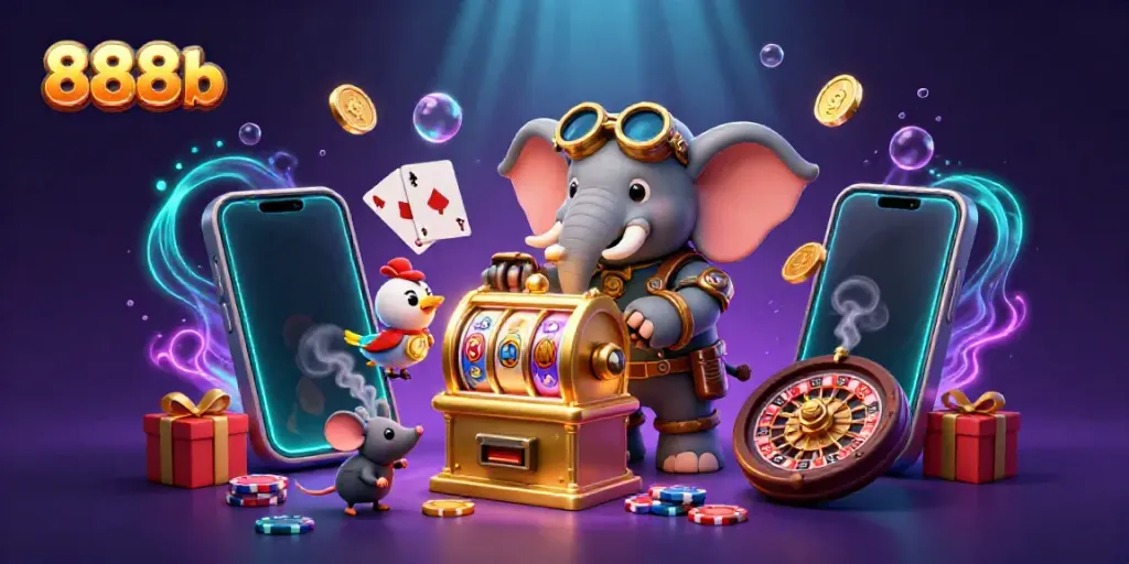 Spin the reels at 888b with a steampunk elephant and vibrant casino scene.