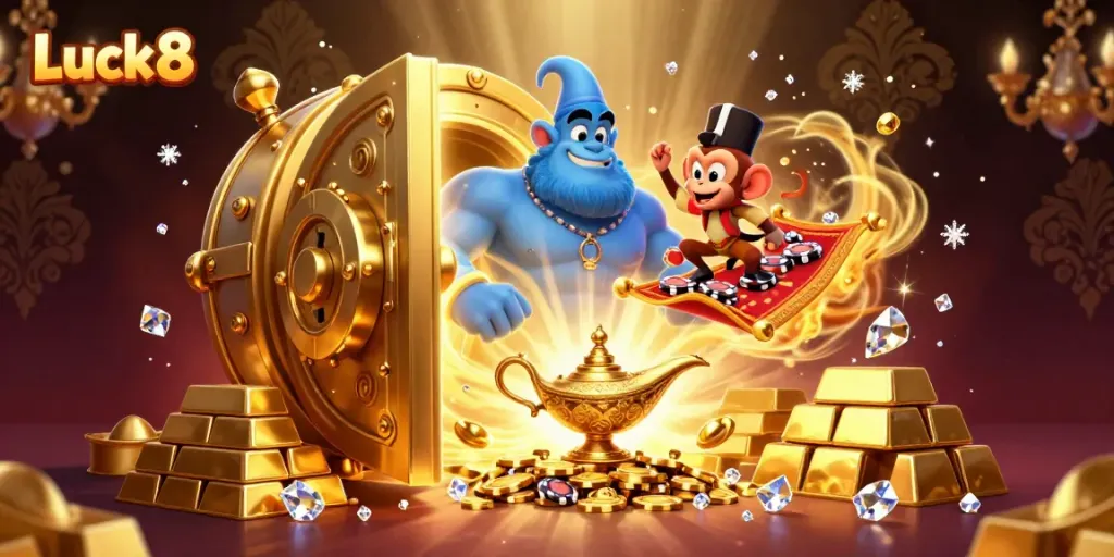 Experience wealth and excitement at Luck8 with a magical genie, treasure, and poker chips in a vibrant casino scene.