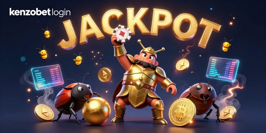 Experience kenzobet login with a victorious hercules beetle amidst neon crypto elements and a vibrant jackpot theme.