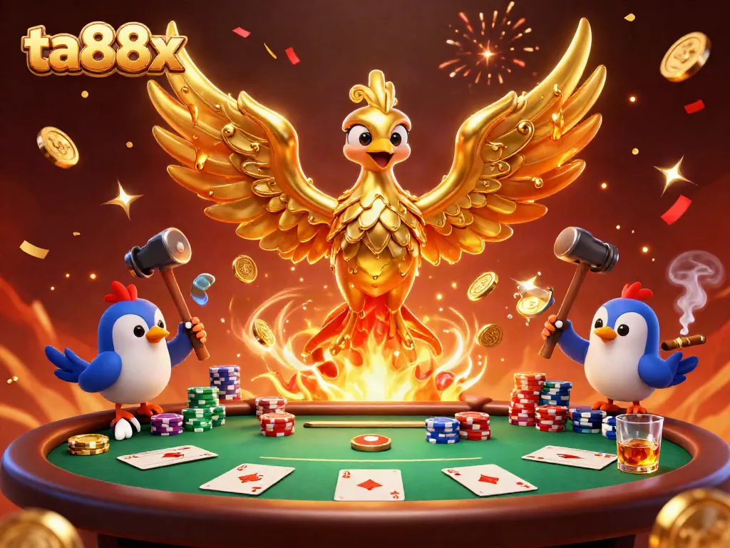 Experience ta88x's thrilling gambling adventures with the molten phoenix and poker elements in a vibrant scene.
