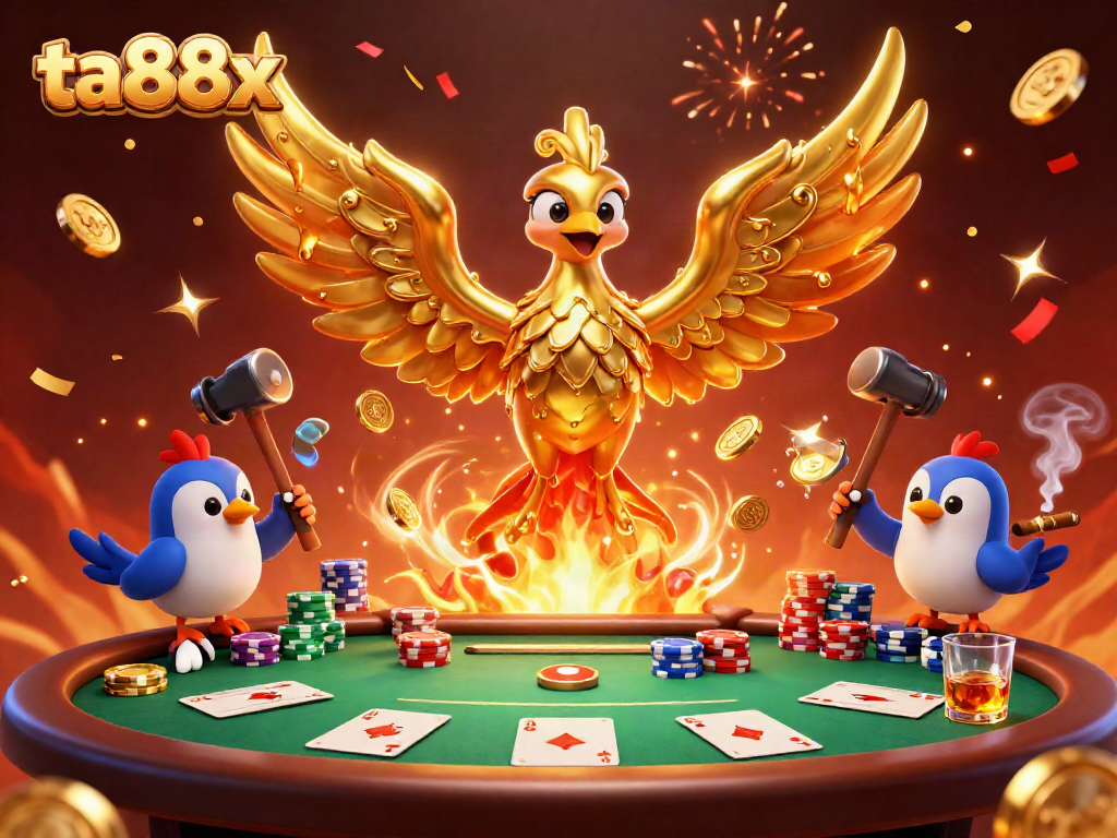 Experience ta88x's thrilling gambling adventures with the molten phoenix and poker elements in a vibrant scene.