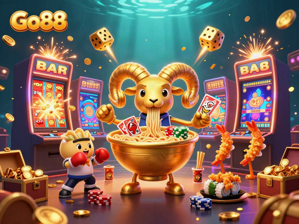 Engage with Go88's vibrant casino scene featuring a giant ramen bowl dealer, colorful games, and golden rewards.
