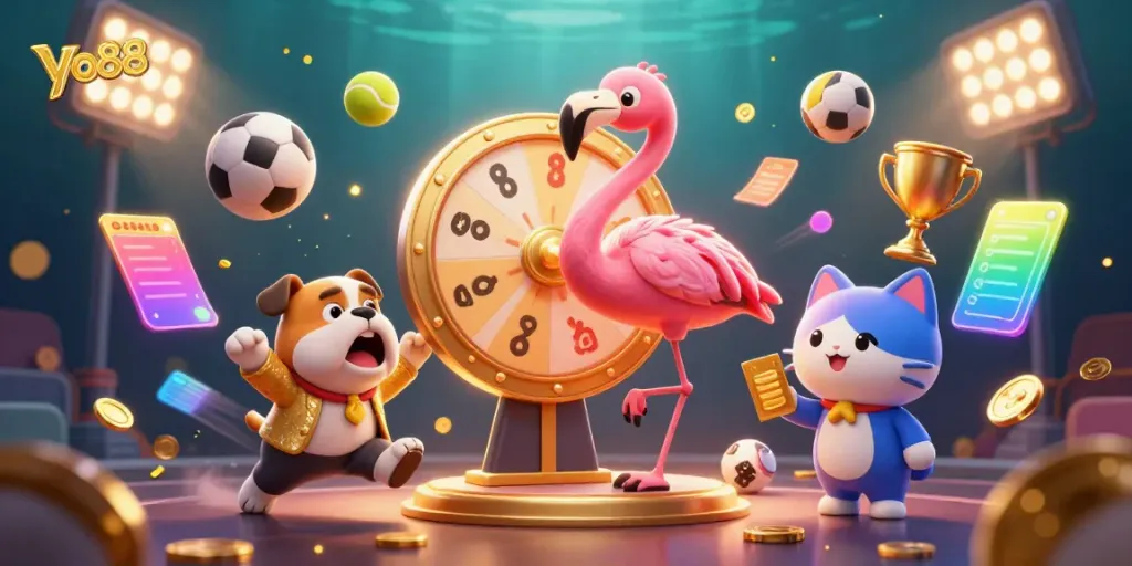 Experience ultimate fun with yo88 as a cheerful flamingo spins a golden prize wheel, surrounded by exciting game elements.