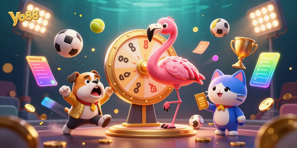 Experience ultimate fun with yo88 as a cheerful flamingo spins a golden prize wheel, surrounded by exciting game elements.