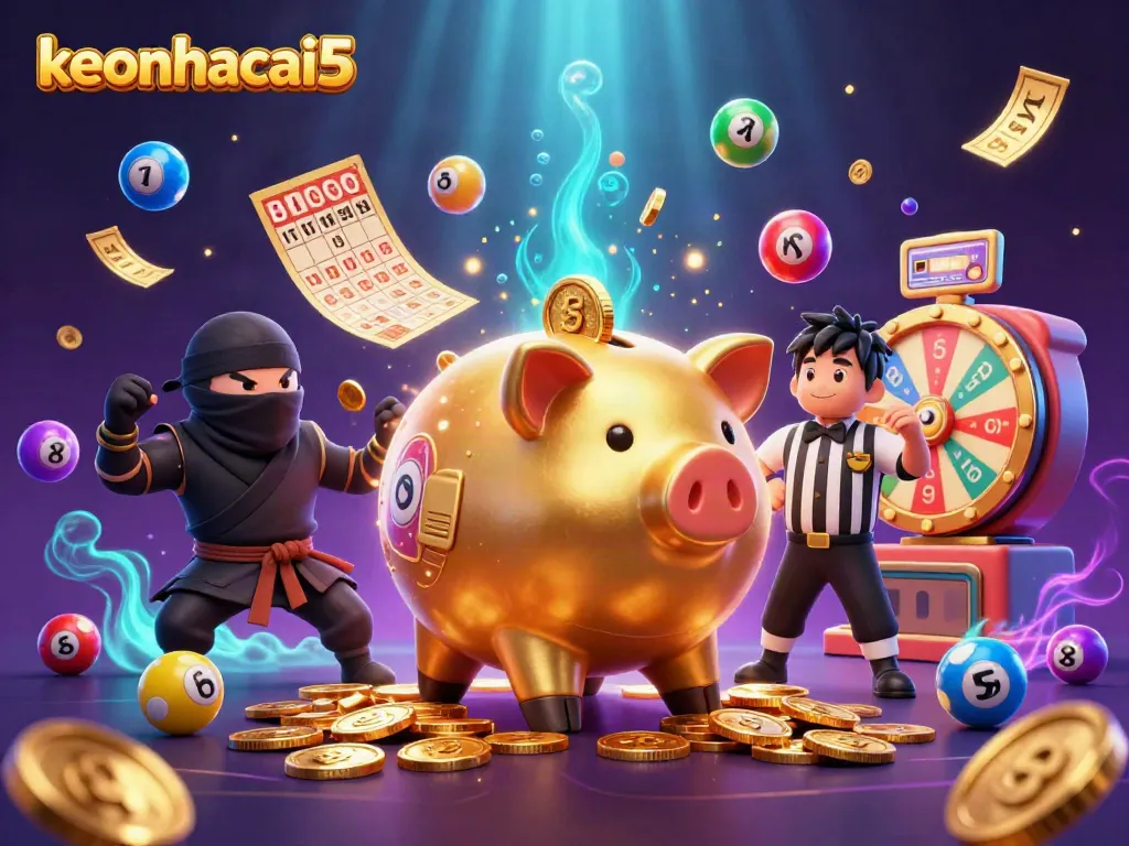 Experience the excitement of keonhacai5 with a captivating scene featuring a sumo wrestler piggy bank and dynamic casino elements.