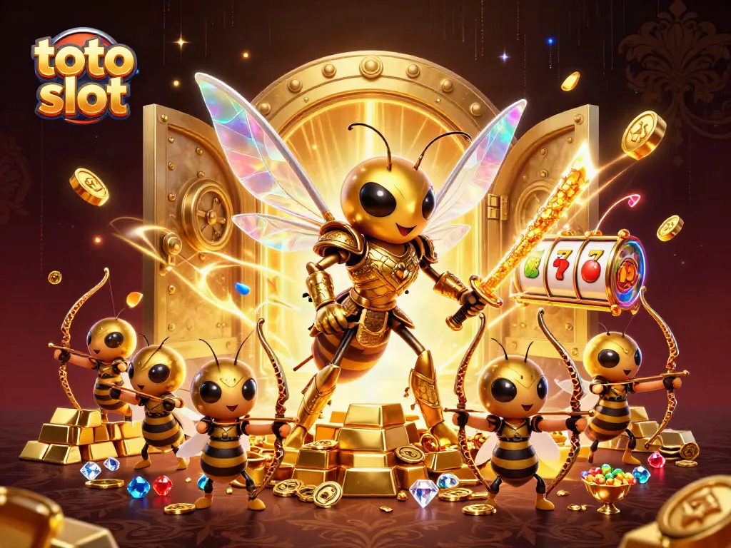 Experience the thrill of toto slot as golden hornets battle for treasure amidst shimmering game symbols.