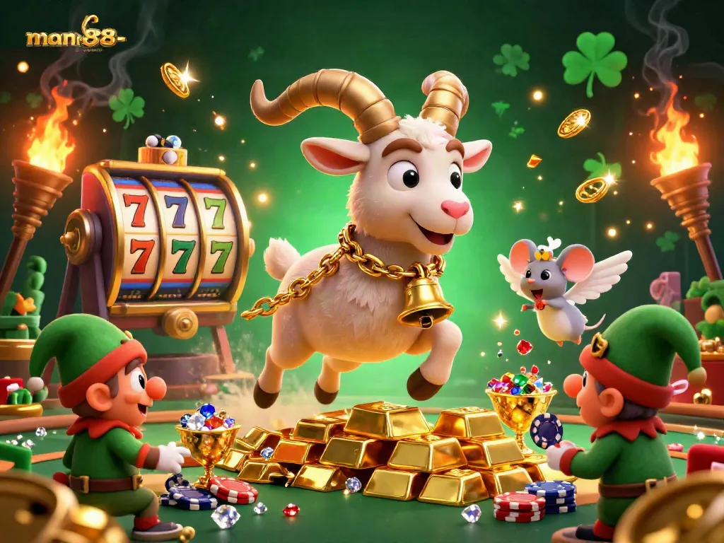 Experience the vibrant flair of man88-casino with a lively 3D illustration of a holiday-horror casino scene.