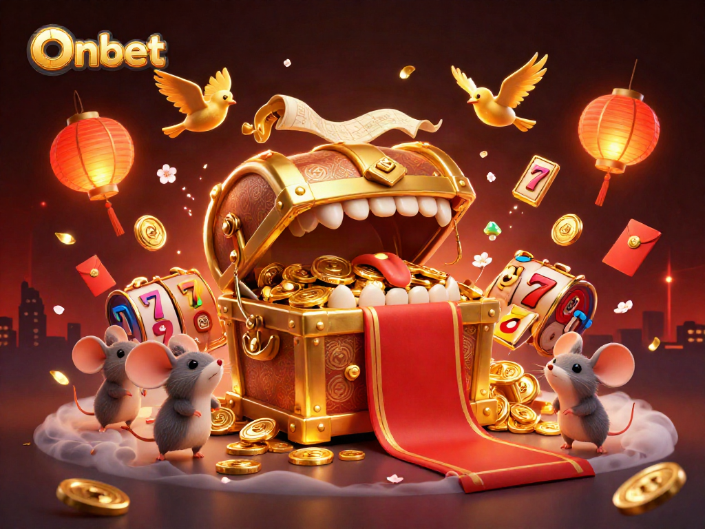 Spin and win at Onbet with a vibrant casino illustration featuring treasure and lucky symbols!