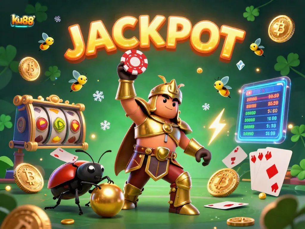 Experience thrilling gameplay with ku88 featuring a triumphant beetle and vibrant gambling elements.