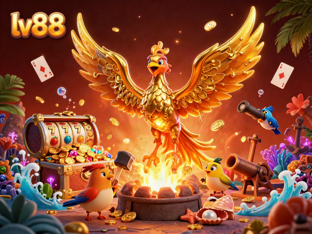 Experience the thrill of lv88's molten metal phoenix surrounded by rich casino elements.