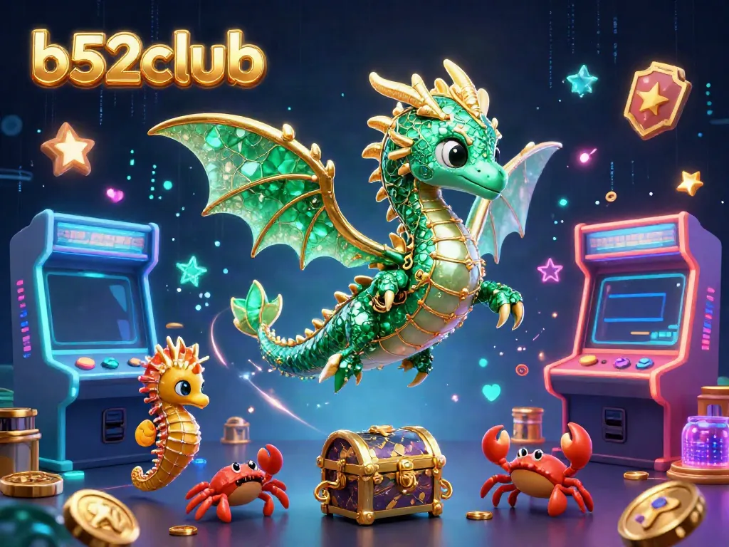 Experience thrilling gameplay with b52club featuring a vibrant scene of a sea dragon, royal seahorse guards, and treasure amidst arcade machines.