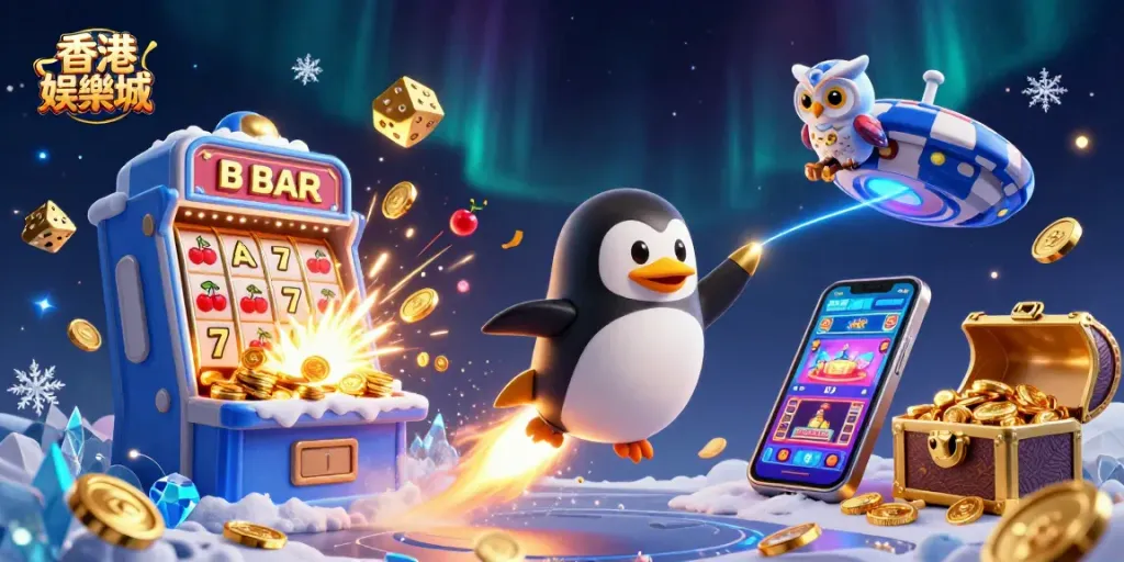 Engaging illustration showcasing 香港娛樂城 with golden penguin navigating a casino-themed space adventure.