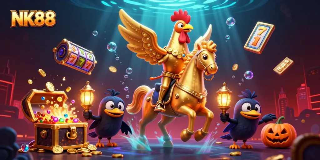Engage in thrilling casino adventures with NK88 featuring vibrant slot reels and enchanting characters.