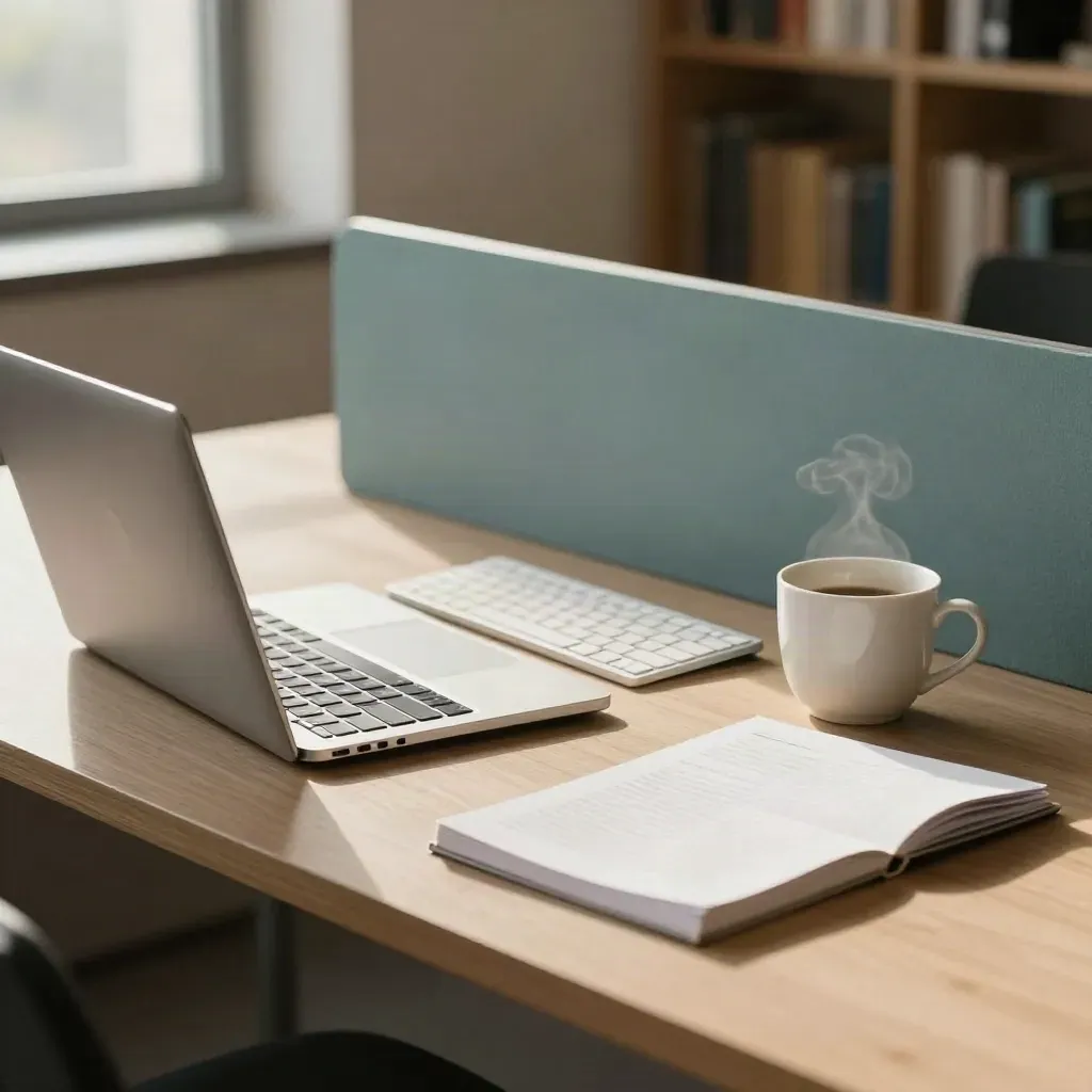 Laptop, klawiatura i workbook na wspólnym stole w ciepłym świetle okna.
