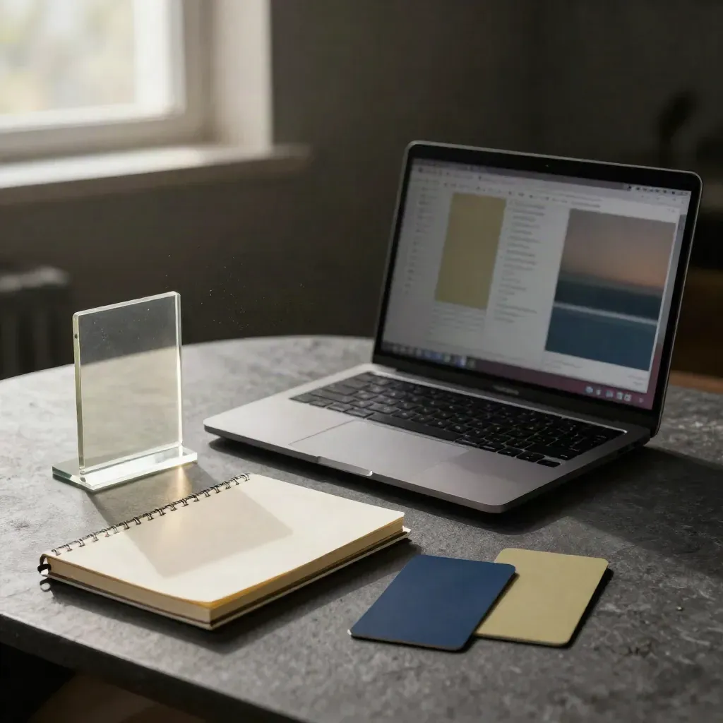 Laptop z rozmytym wykresem, akrylowy stojak i próbki kolorów na ciemnym biurku.