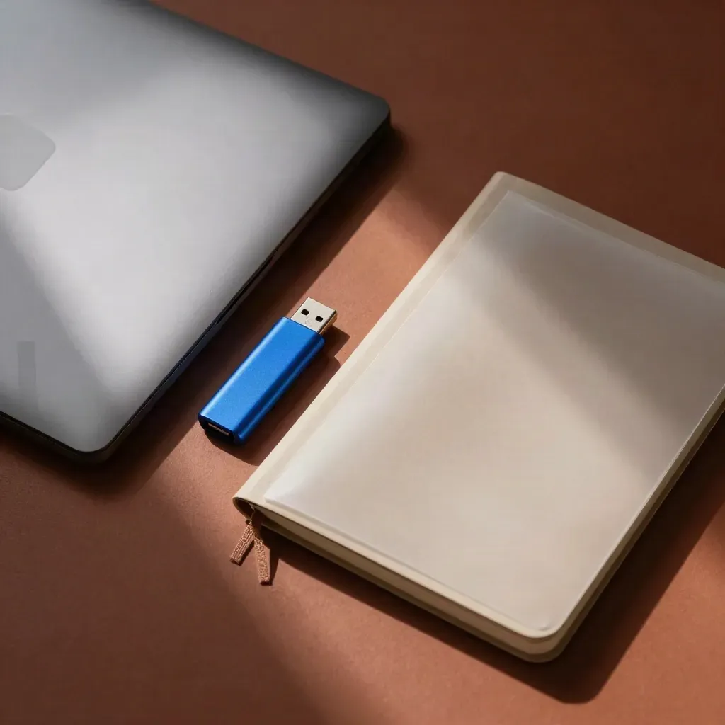 Laptop, niebieski pendrive i notes na terakotowym tle, ujęcie z góry