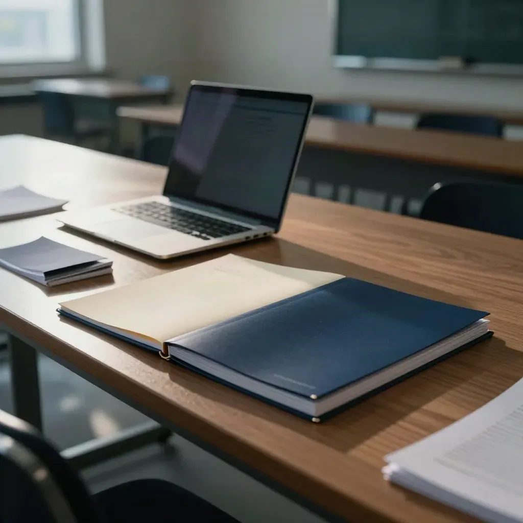 Pusta sala seminaryjna z laptopem i teczkami raportu na długim stole o zmierzchu.