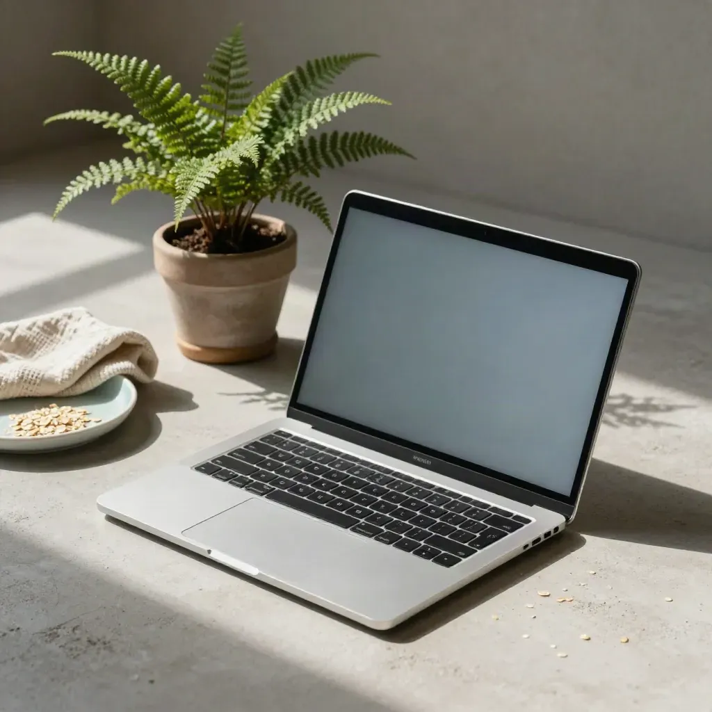 Srebrny laptop, paprotka, lniana serweta i ceramiczny talerz na jasnym betonie.