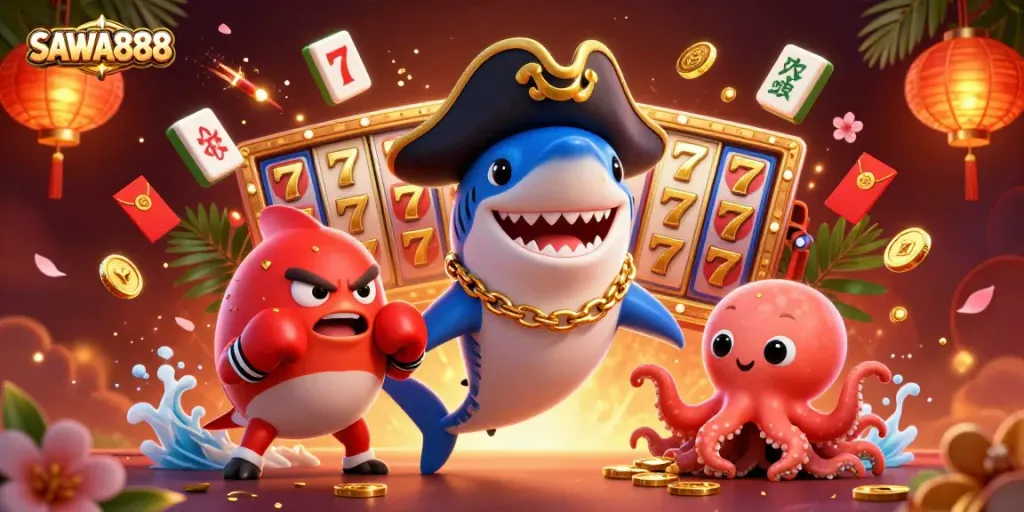 SAWA888 showcases a vibrant casino scene with engaging characters celebrating a jackpot win.