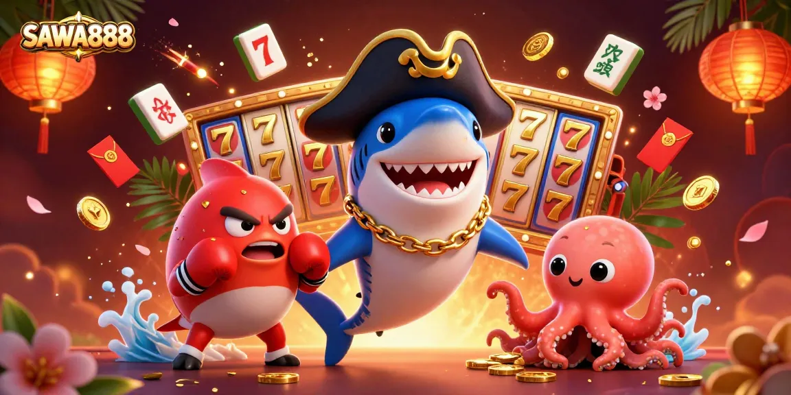 SAWA888 showcases a vibrant casino scene with engaging characters celebrating a jackpot win.