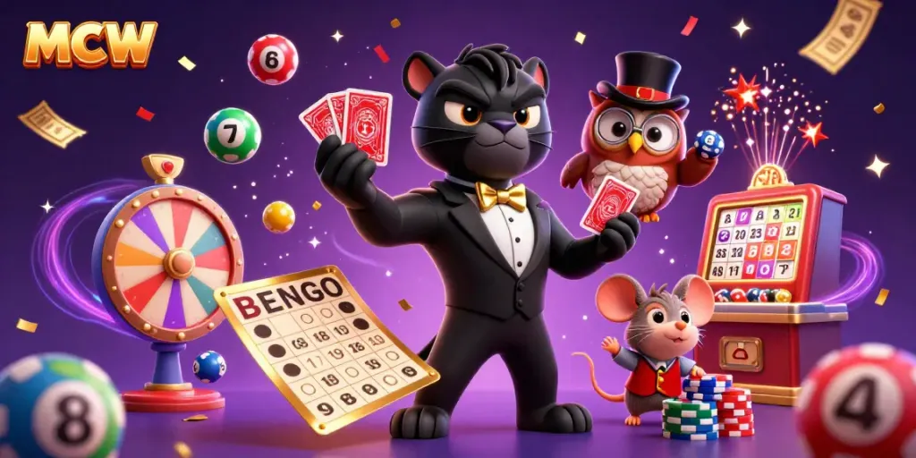 MCW platform featuring a stylish panther dealing cards with an owl and mouse, surrounded by vibrant game elements.