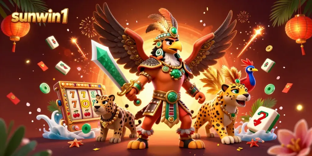 Engage with sunwin1's vibrant gaming scene, featuring Aztec warriors and slot reels.