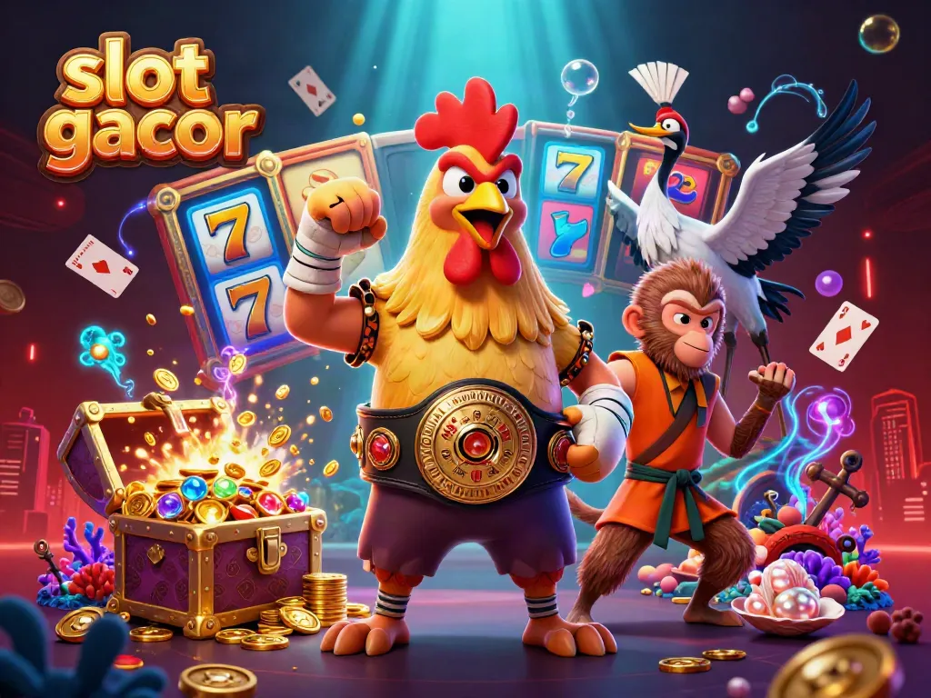 Engage with the slot gacor scene featuring a Muay Thai rooster, Shaolin monkey, and glowing slot elements.