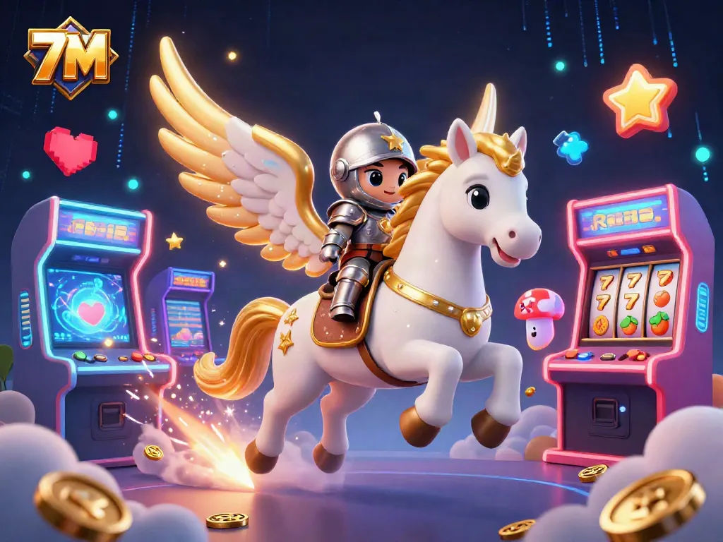 Engaging 3D illustration of 7M showcasing thrilling slot machines and magical characters in a dynamic casino setting.