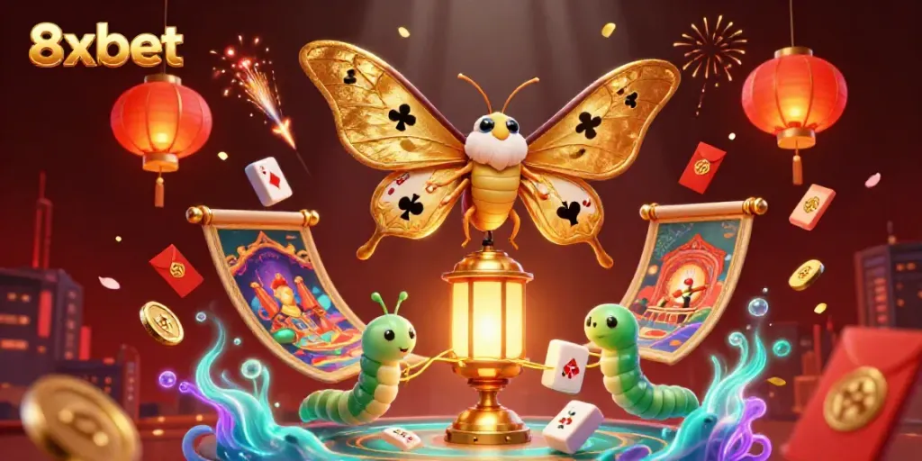 Experience thrilling gaming moments with the vibrant 8xbet design featuring dynamic casino elements and a striking moth.