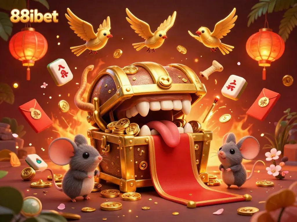 Experience thrilling adventures with 88ibet's golden treasure chest and enticing casino elements in a captivating 3D scene.