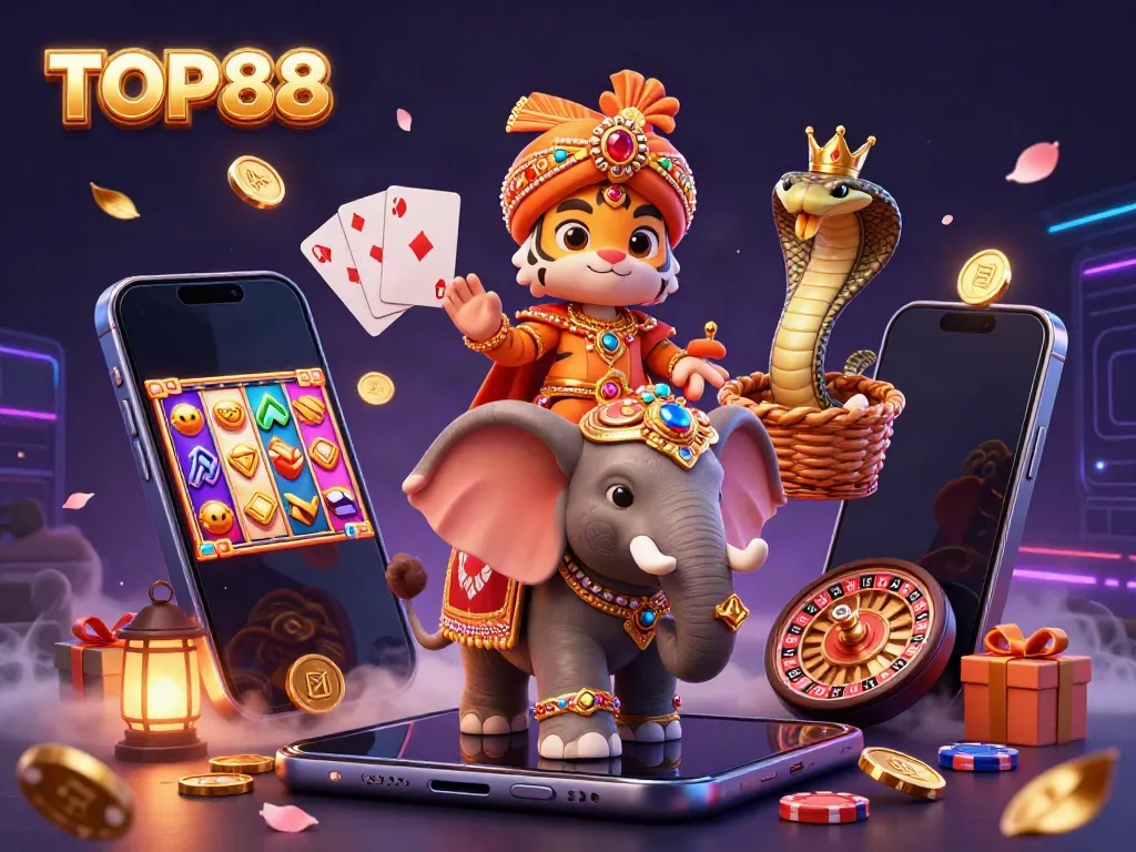 Engage with TOP88 in a vibrant 3D casino scene featuring a majestic tiger and elephant amidst gaming elements.