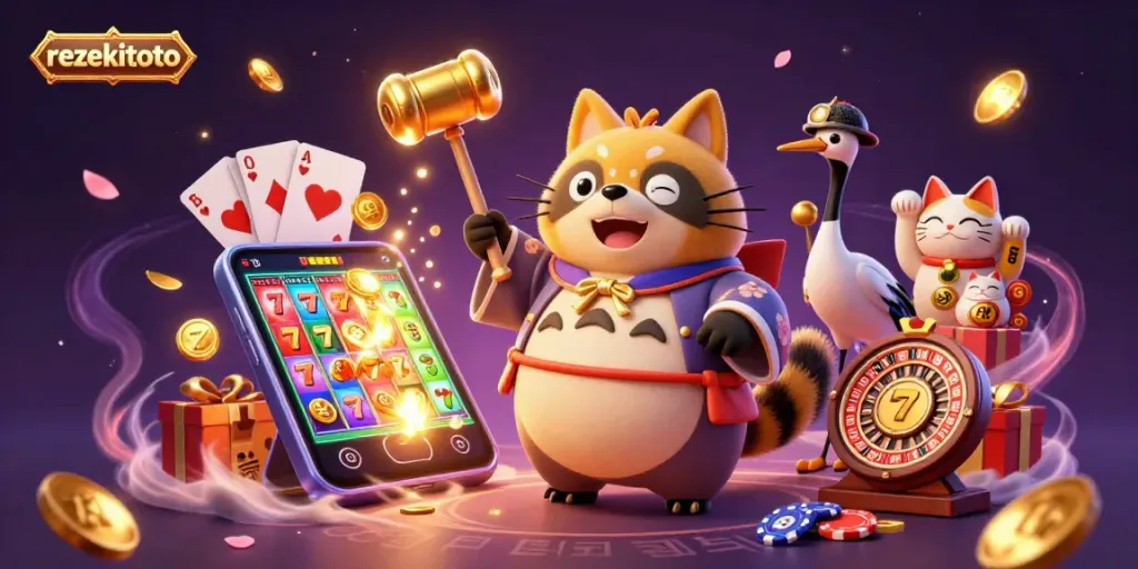 Experience thrilling wins at rezekitoto with vibrant slots and festive characters in an engaging casino setting.