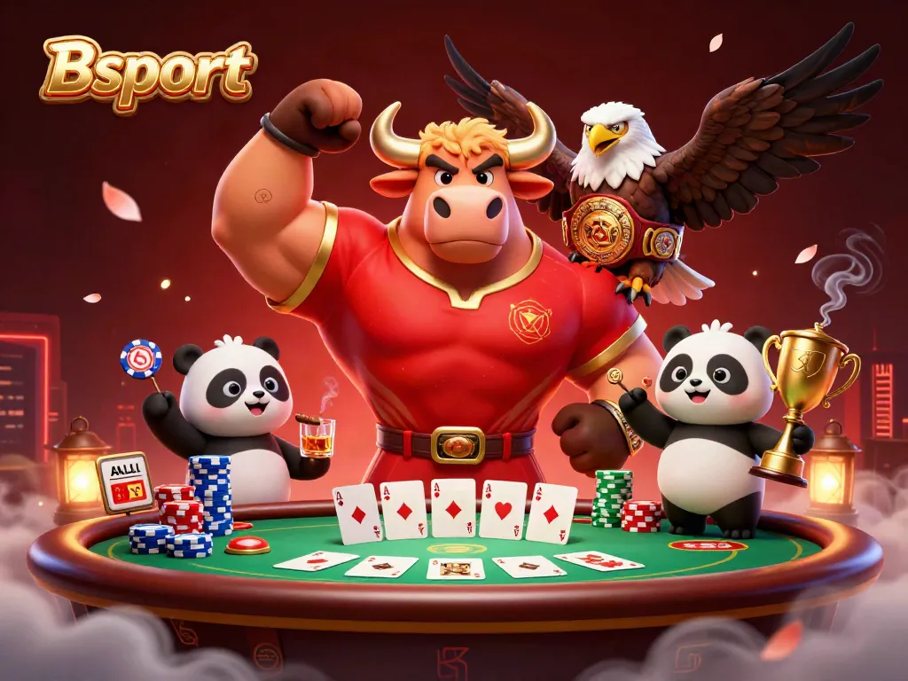 Bsport showcases an exciting victory scene with a cartoon bull, eagle, and panda amidst dynamic poker elements.