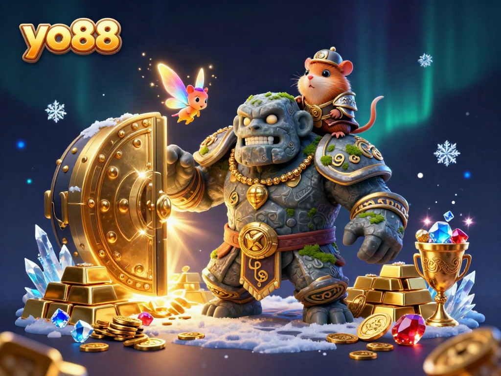 Experience the magical world of yo88 with a dynamic scene featuring a stone golem and treasures.