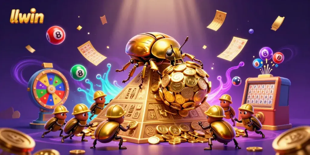 Engaging casino scene with a massive golden dung beetle rolling coins, depicting llwin action with vibrant game elements.