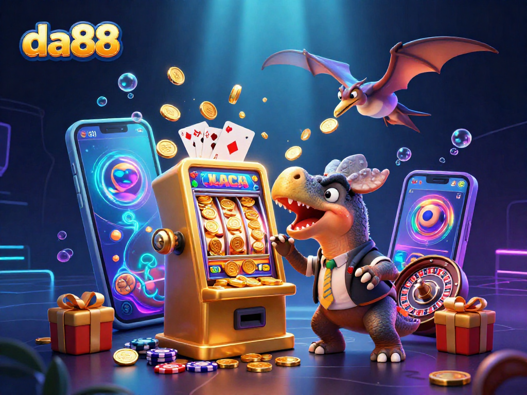 da88 slot action with cartoon dinosaurs in a vibrant casino scene