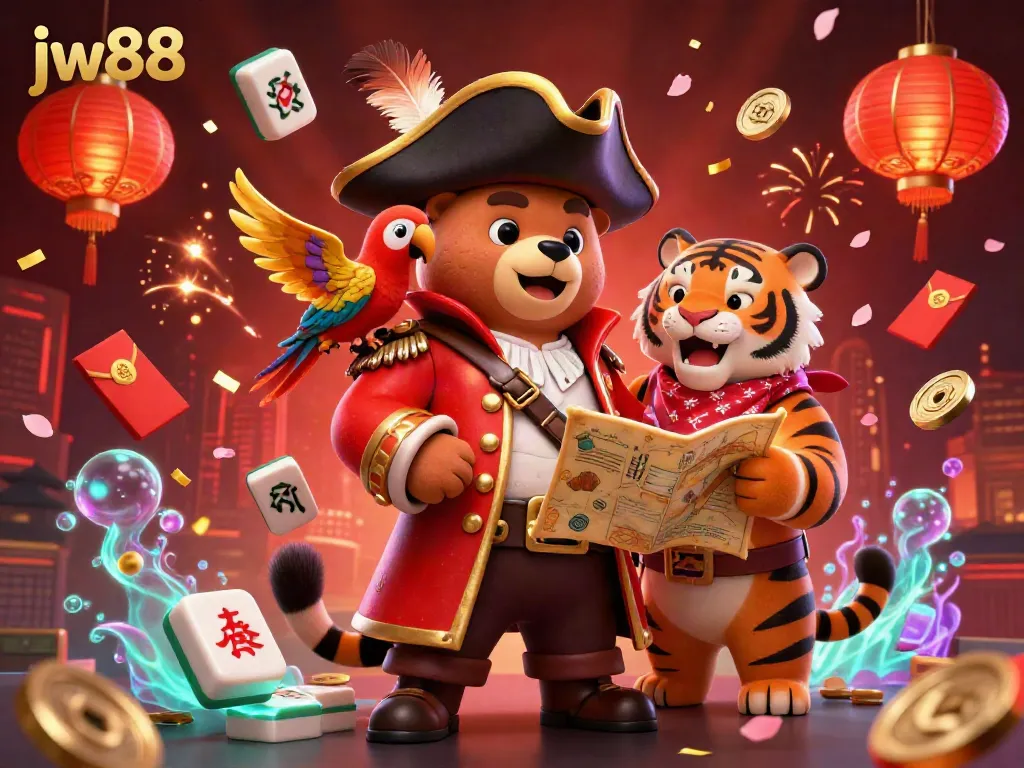 Experience excitement at jw88 with a dynamic 3D casino scene featuring a bear captain, tiger first mate, and festive decorations.