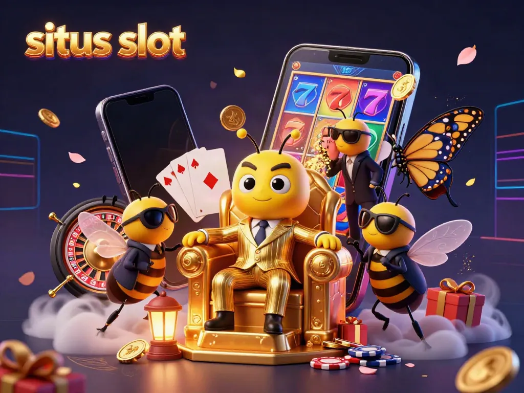 Experience situs slot action with a mob boss bee and vibrant casino elements in this dynamic illustration.