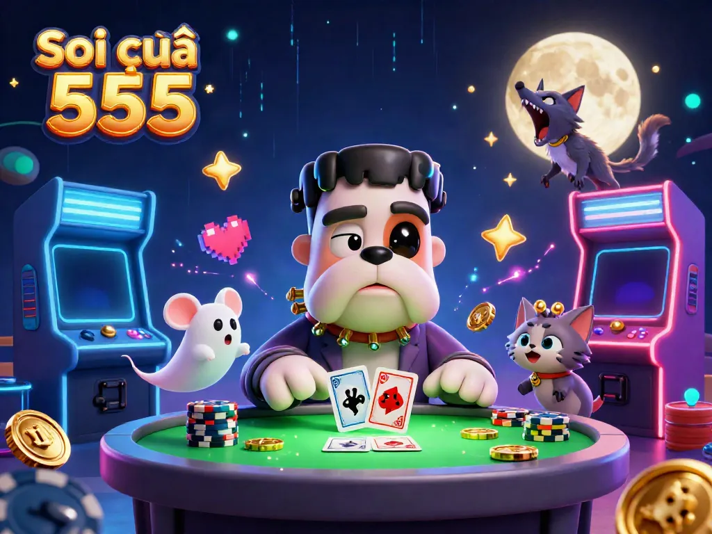 Engaging scene of Soi cầu 555 with a Frankenstein bulldog dealing cards, full of bright casino elements.