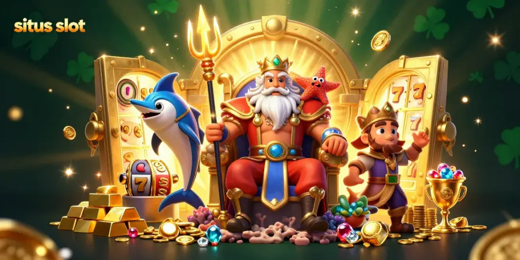 Experience situs slot illustrated through a rich 3D scene featuring Neptune and treasures, perfect for gaming enthusiasts.