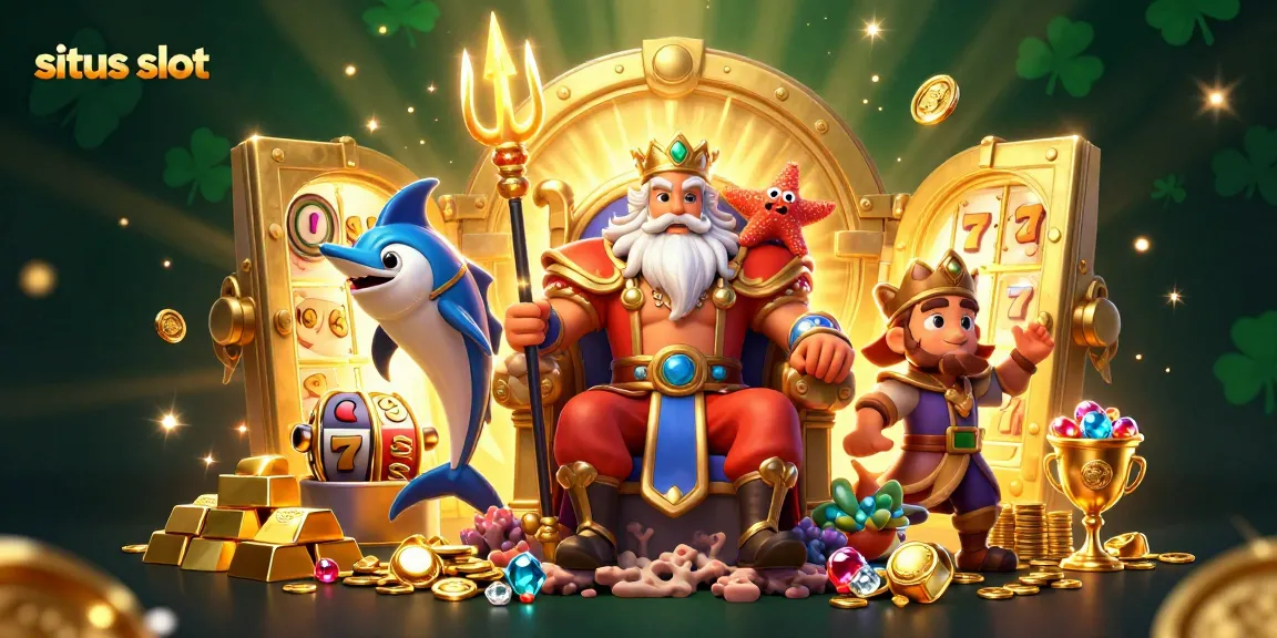 Experience situs slot illustrated through a rich 3D scene featuring Neptune and treasures, perfect for gaming enthusiasts.