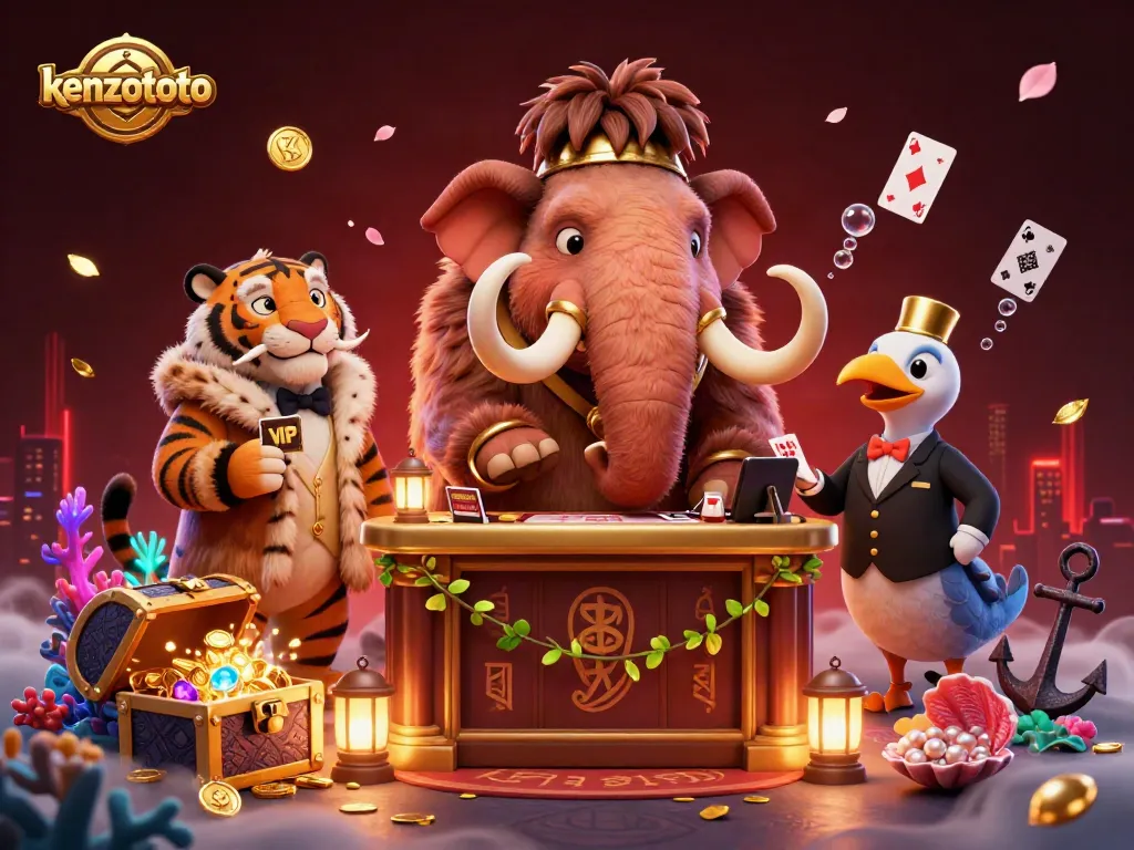 Experience the thrilling world of kenzototo with a whimsical 3D casino scene featuring furry characters and lively game elements.