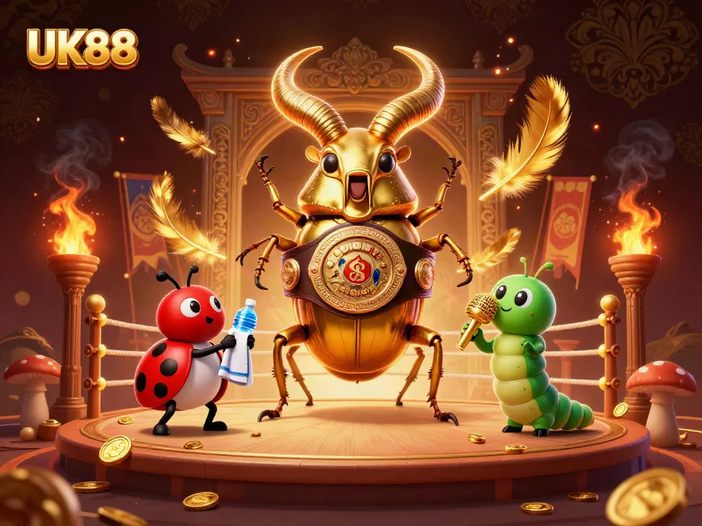 Engaging scene showcasing UK88 with a giant stag beetle boxer and colorful characters in a vibrant casino atmosphere.