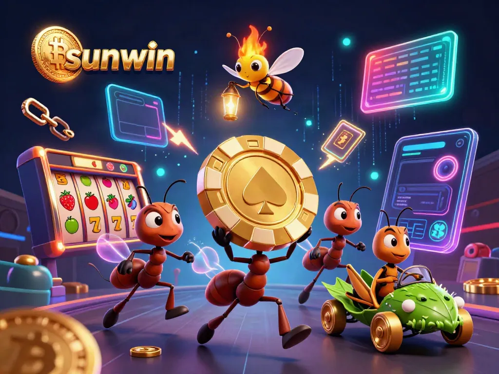 Ants execute a heist for a sunwin poker chip amidst vibrant casino elements.