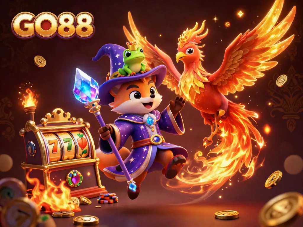 Engage with GO88's thrilling atmosphere in this vibrant illustration of a wizard fox, phoenix, and enchanted frog.